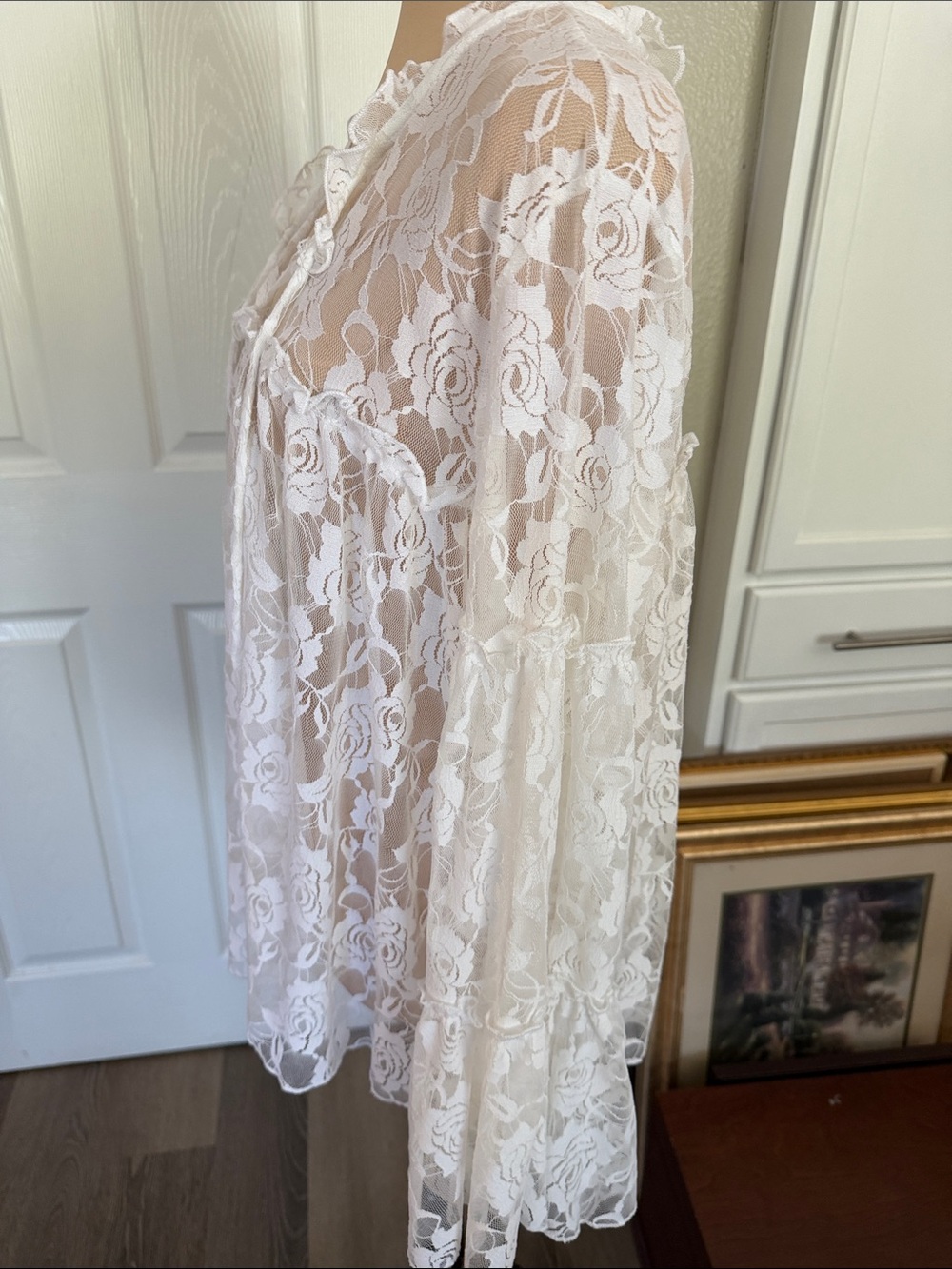 White Lace Peasant Blouse - Feminine V-Neck Top romantic bohemian - Picture 2 of 4